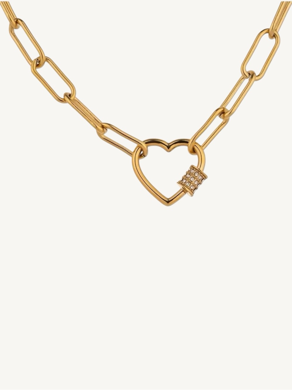 18K Gold PVD Stainless Steel Paperclip Chain Heart Lock Necklace